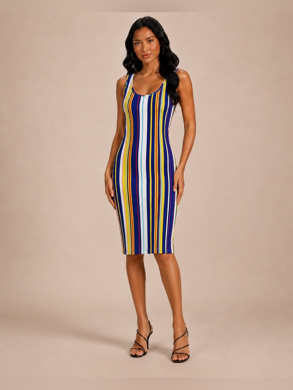 Love J vertical striped midi dress in blue, yellow, and white. Size S